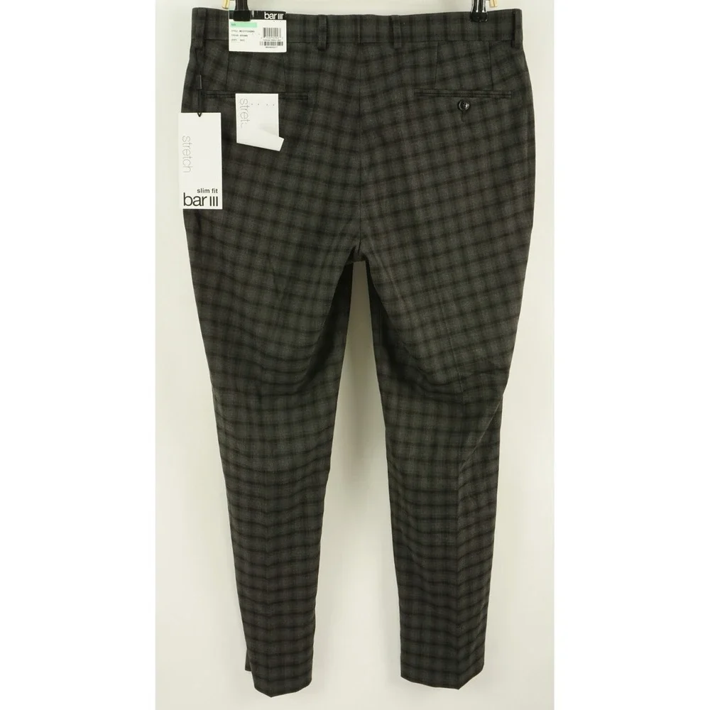 New Bar III Men's 30 x 24 Slim Gray Brown Plaid Performance Stretch Dress Pants
